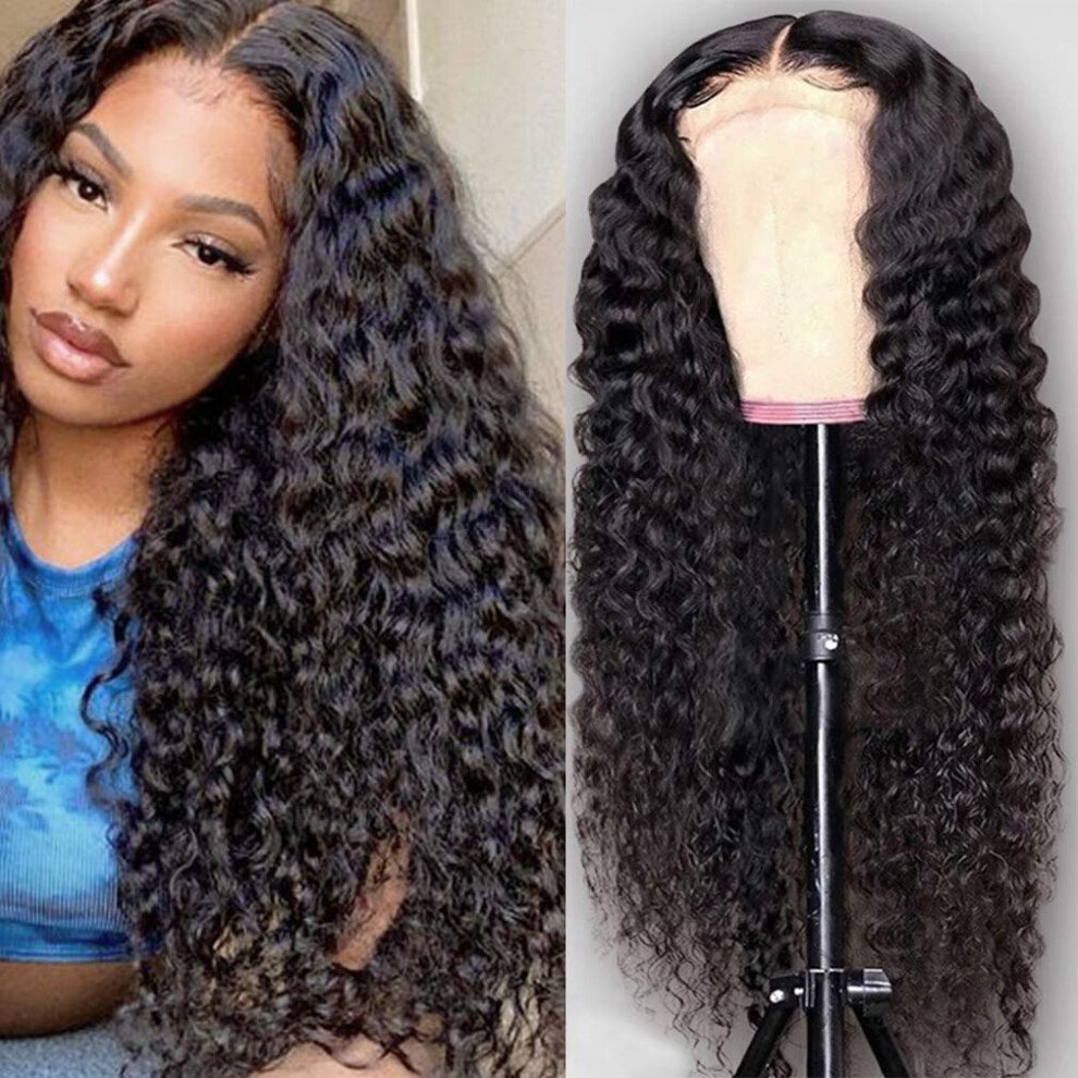 16 Inch Brazilian Curly Lace Front Wig Wet and Wavy Human Hair Pre Plucked 4x4 Closure 150% Density