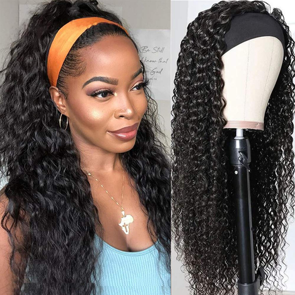 Unisex Headband Wig Water Wave Brazilian Remy Human Hair 150 Density Glue Natural Hairline 16 Inch