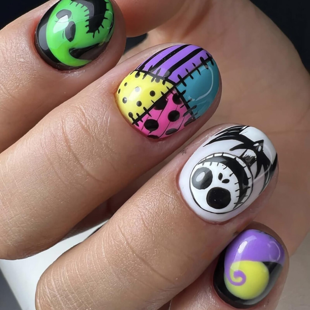 Halloween Press On Nails Short Square Ghost and Nightmare Design Fake Nails with Glue 24 Pcs