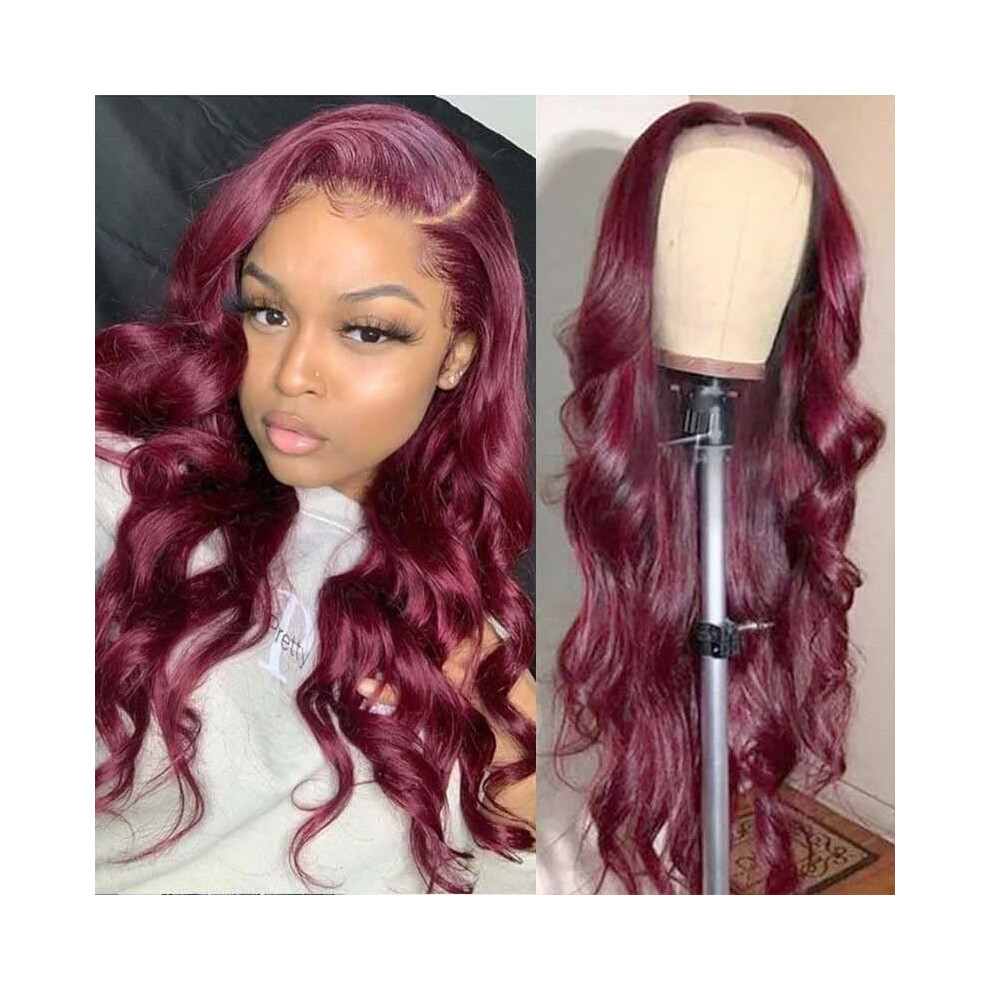 Unisex Red 13X4 Body Wave Human Hair Lace Front Wig 99J Burgundy Preplucked Natural Hairline 22 Inch
