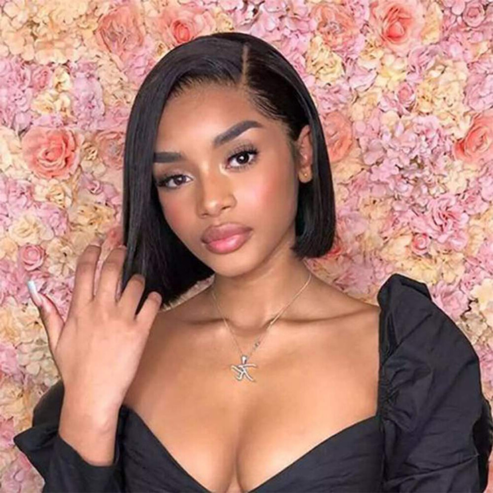 Unisex 14 Inch 13X4 Lace Front Bob Wig Human Hair Brazilian Straight Preplucked Natural Hairline