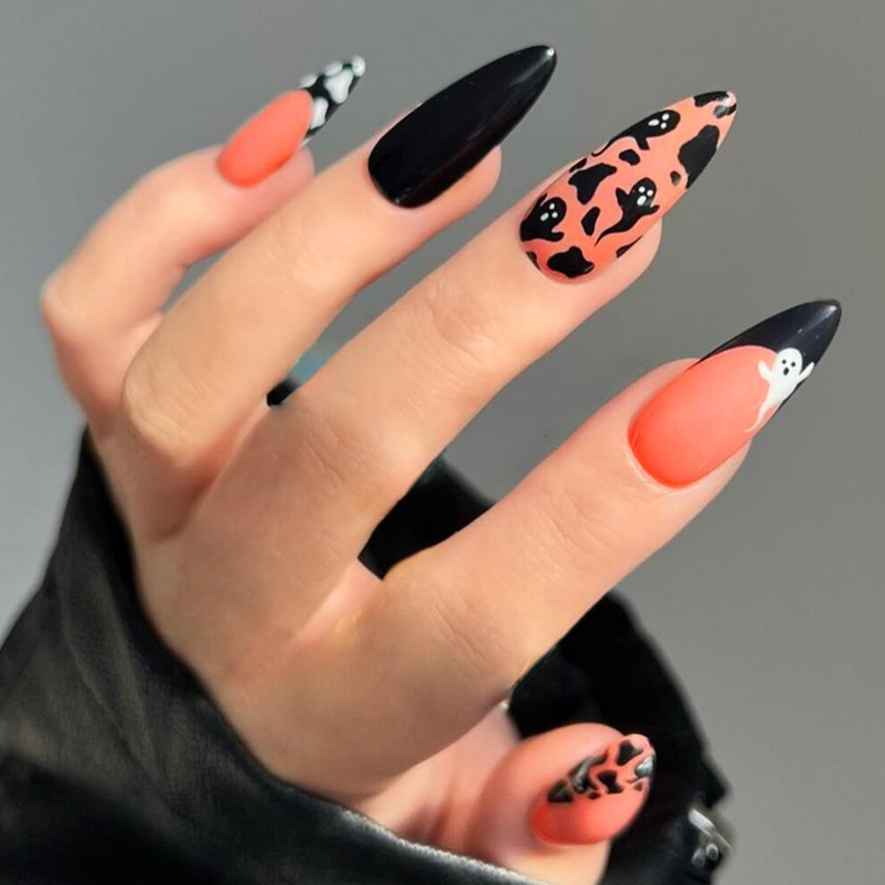 Black Halloween Press On Nails And Orange Almond Fake Nails With Glue 24 Pcs Spooky Manicure