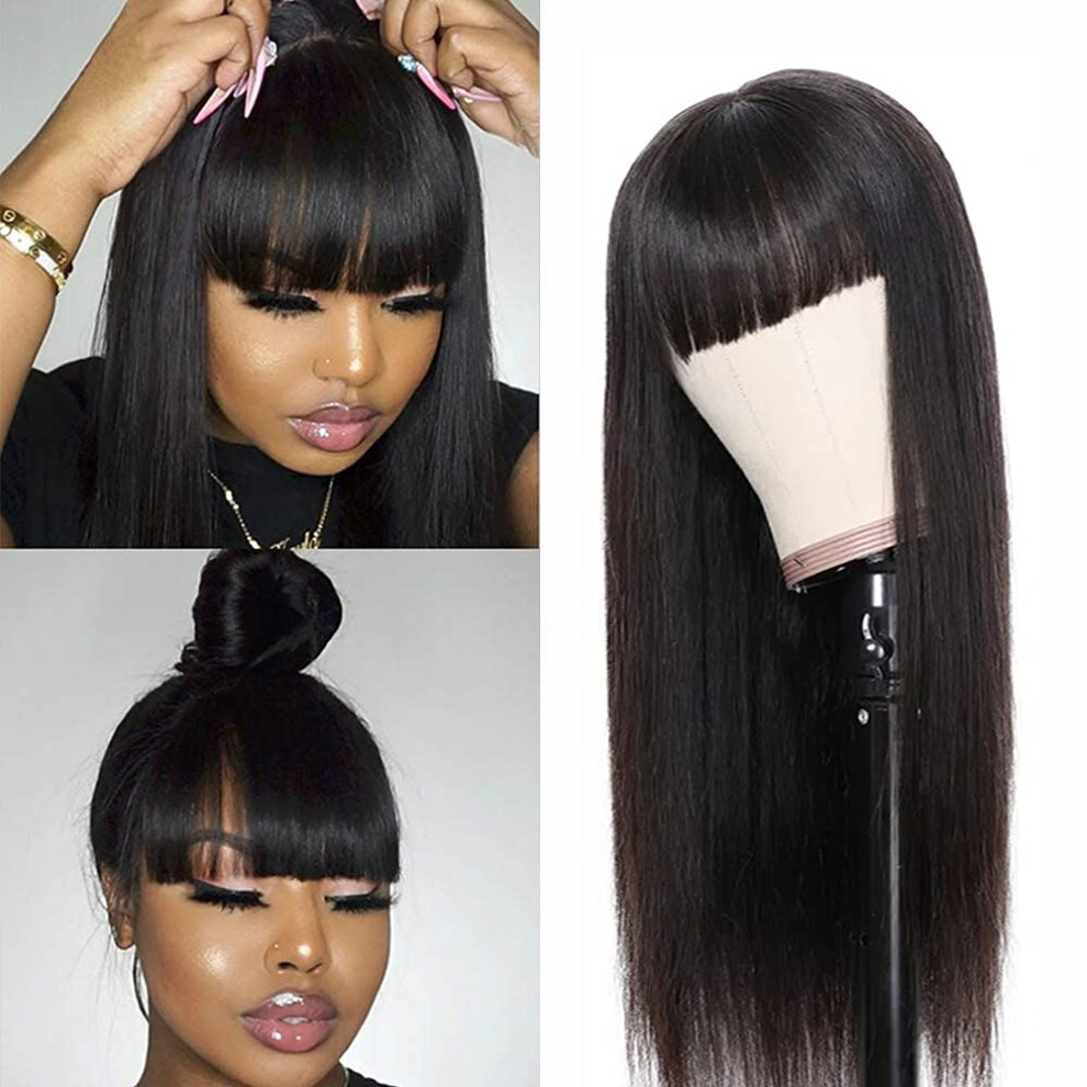 Unisex Black Brazilian Straight Human Hair Wig With Bangs 150% Density Virgin Glueless For Women 20Inch
