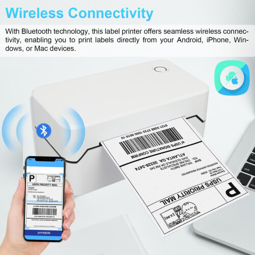 Versatile Shipping Label Printer, Bluetooth Thermal Printer for Mobile and Desktop Use, Supports Round and Rectangular Labels, Quick Installation with 2