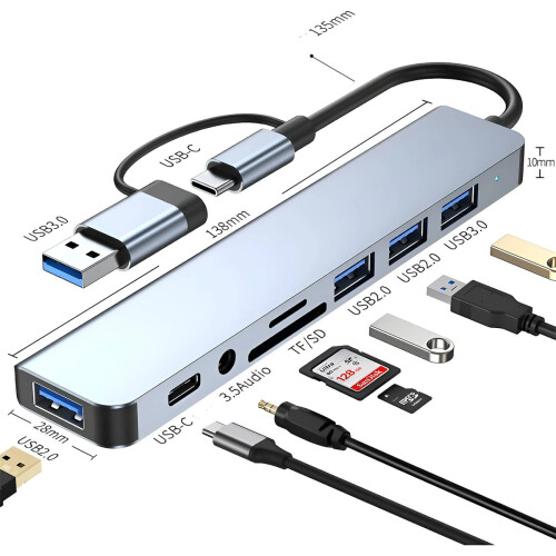 Αναγνώστης καρτών SD TF με διανομέα USB C, διανομέας USB3.0 ακουστικών 3.5mm Aux Jack 8in1 1