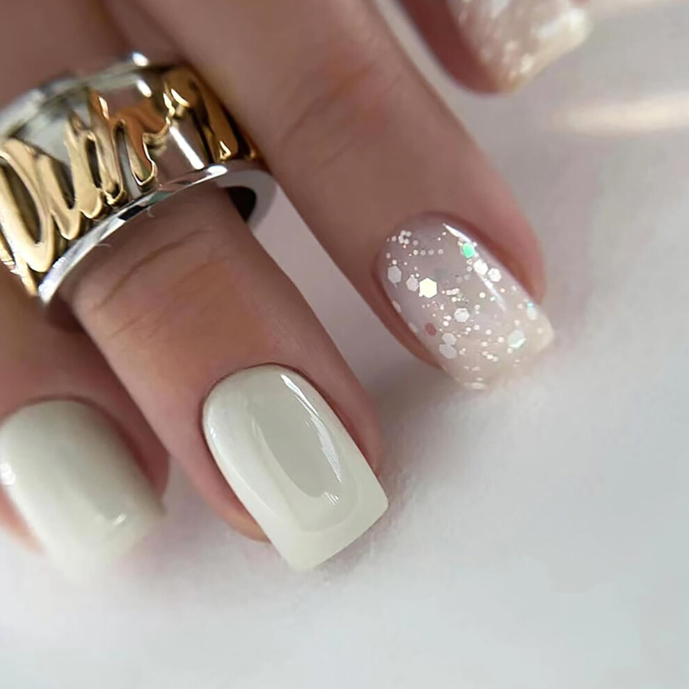 White,Cream White Nude Short Square Press On Nails Glossy Acrylic Fake Nails With Glue 24Pcs For Women
