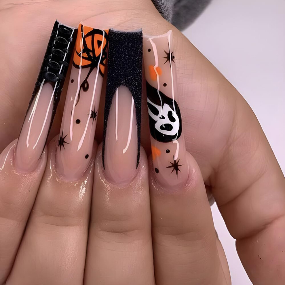 24Pcs Halloween Press On Nails Long Coffin Fake Nails with Ghost and Pumpkin Acrylic Finish