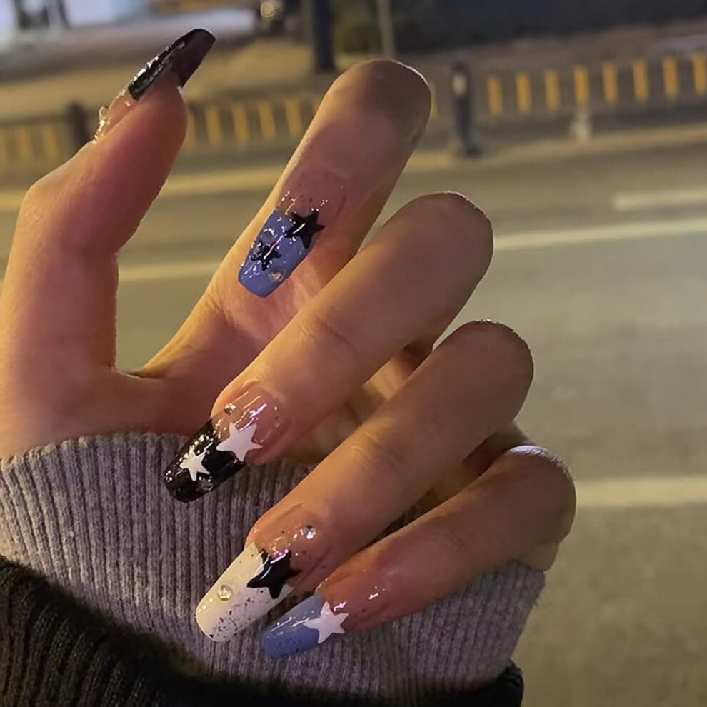 Cream Coffin French Tip Press On Nails Medium Acrylic Nude Fake Nails Set With Glue Tabs 24Pcs