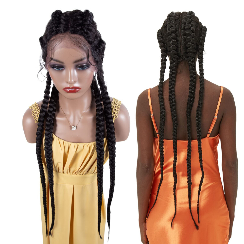 36 Inch Lace Front Braided Wig for Black Women, Handmade Feedin Braids, Natural Hairline