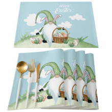 Easter Eggs Gnome Carrot Placemats Set of 4, Washable Fabric Elf Design, Green Background, Non-Slip Cotton Linen, Heatproof Table Mats