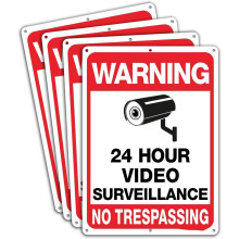 4-Pack 10x7in Metal Reflective Surveillance Signs, Compatible with CCTV Systems, UV & Waterproof for Indoor/Outdoor Use