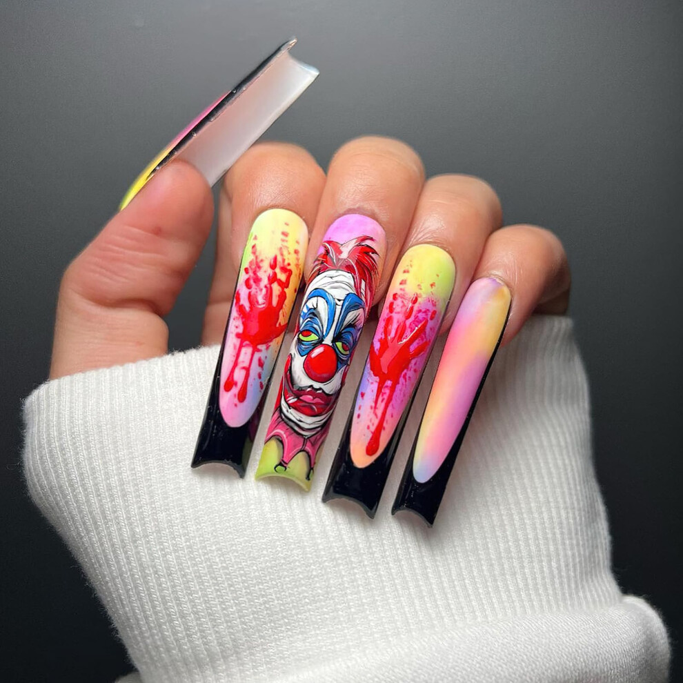 Halloween Long Coffin Press On Nails with Blood Handprint and Joker Design, 24pcs Fake Nails Set