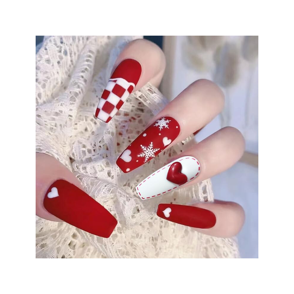 Red Long Coffin Press On Nails Set Fake Acrylic Nails 24Pcs Instant Salon Manicure For Women