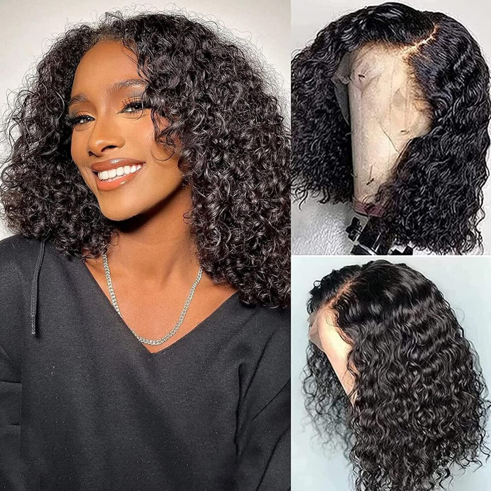 Unisex Black Curly Bob Wig Human Hair 13X4 Lace Front For Women, Pre Plucked Brazilian Style With Natural Hairline