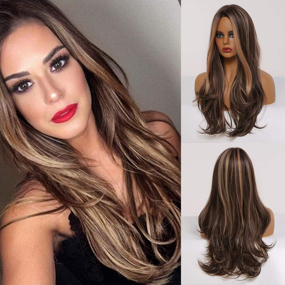 Unisex Brown Curly Blonde Synthetic Wig With Natural Highlights, Layered Middle Part, Instant Curls