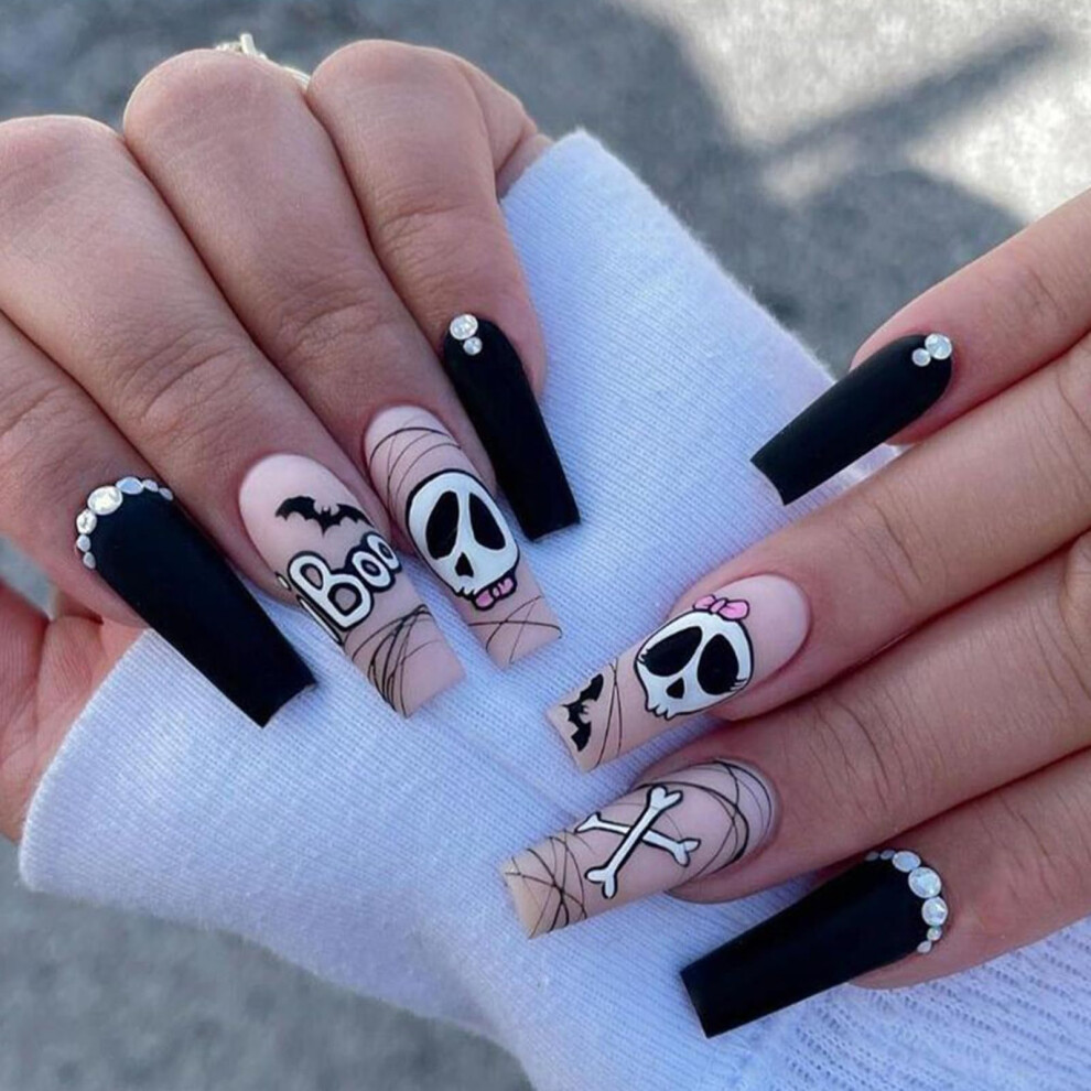 Halloween Coffin Press On Nails with Rhinestones Skeleton Design Long Black Reusable Acrylic Set