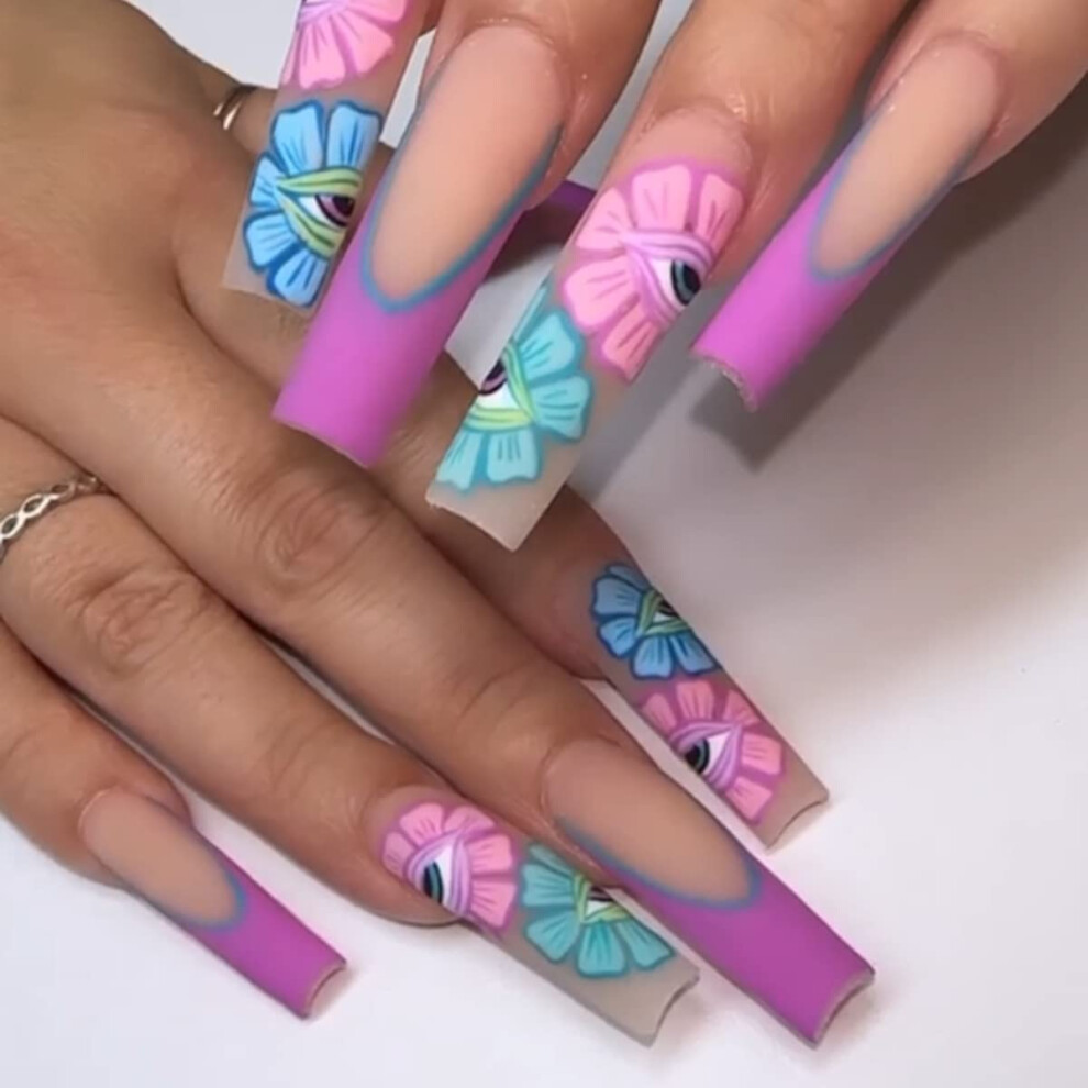 Blue,Purple Long Coffin Press On Nails Purple Blue French Tip Halloween Evil Eye Acrylic False Nails Kit