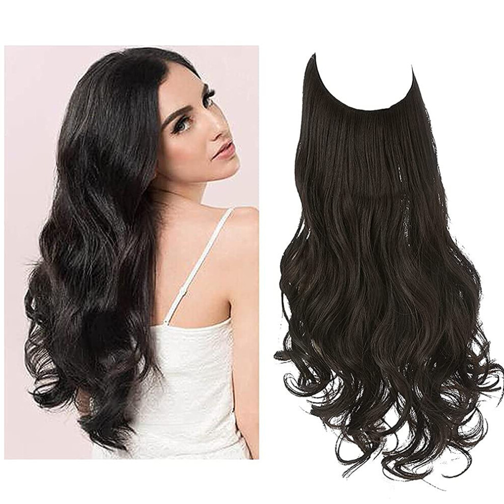 Unisex Black Halo Hair Extensions Human Hair Jet 20 Inch Invisible Wire For Instant Length And Volume