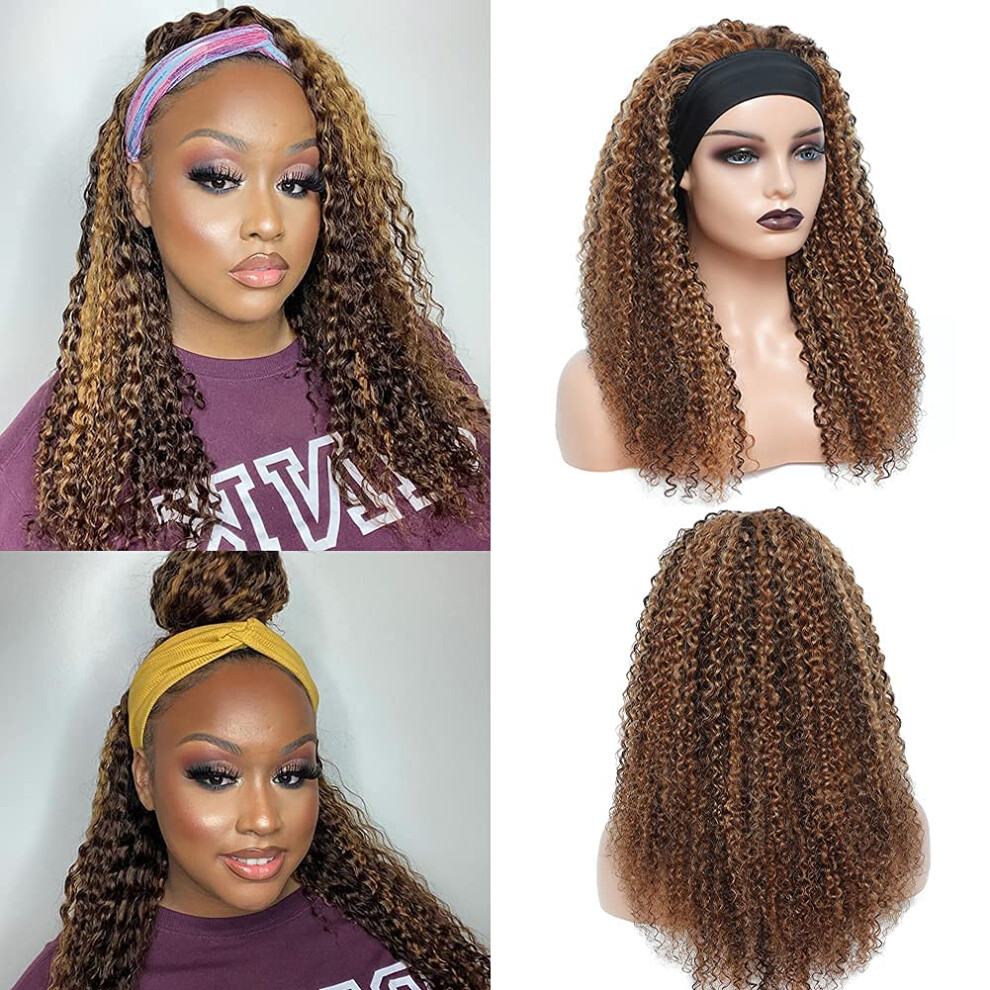 Unisex Curly Headband Wig Human Hair Ombre P4/27/30 Highlight 22 Inch Glueless For Women
