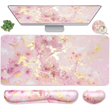 Large Mouse Pad For Office And Gaming Use, Soft And Non-Slip Rubber Base With Ergonomic Wrist Rests, Gold Marble Finish For Stylish Desktop Organizati