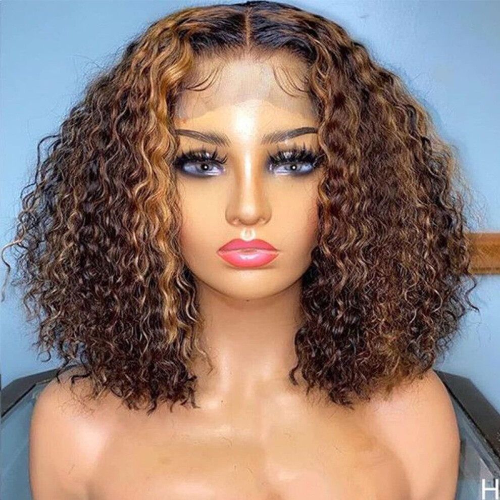 Unisex Brown Highlight 13X6 Curly Lace Front Human Hair Wig 10 Inch Pre Plucked 150% Density Virgin Hair