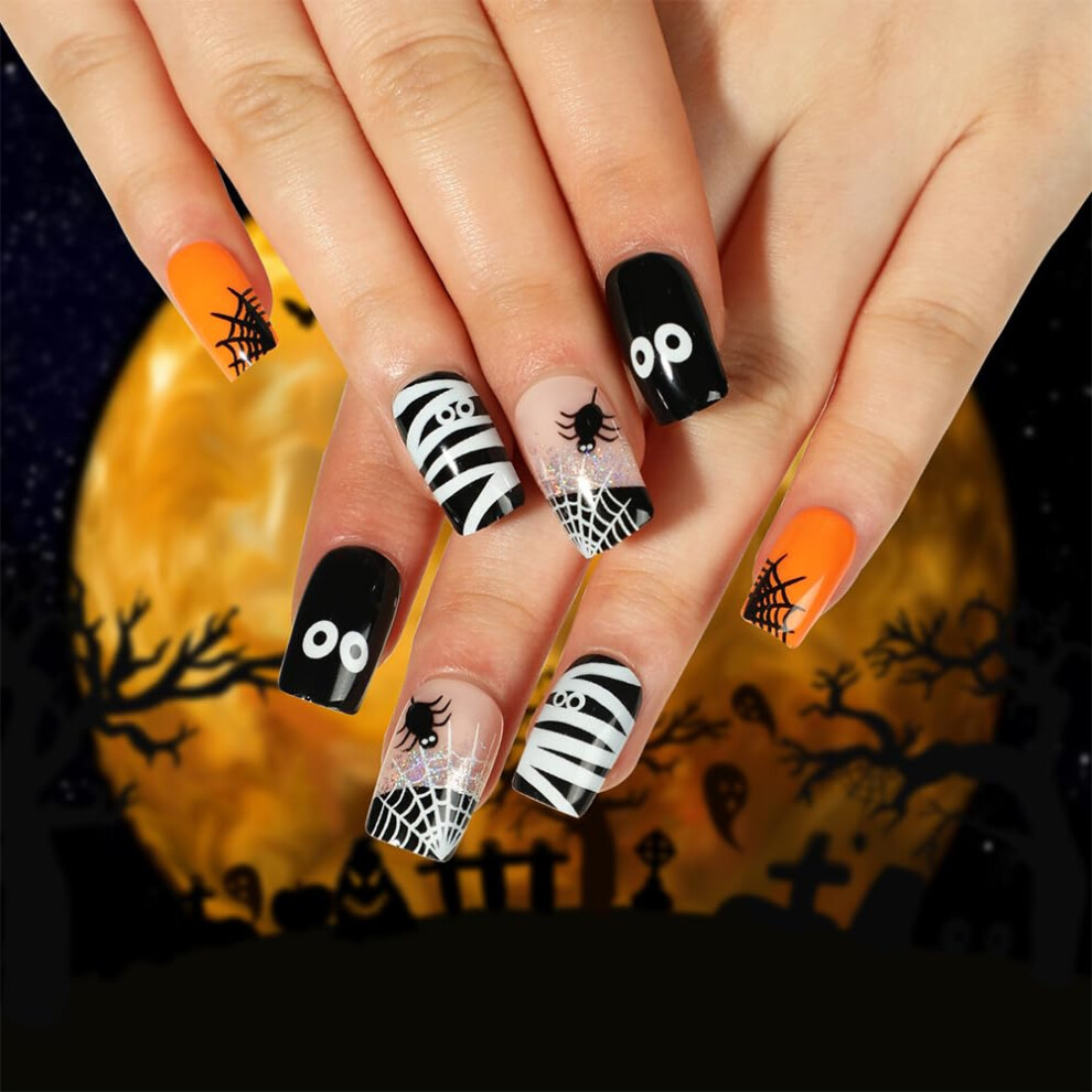 Halloween Press On Nails Black Orange Acrylic Coffin Shape with Spider Web Eyeball Design 24Pcs
