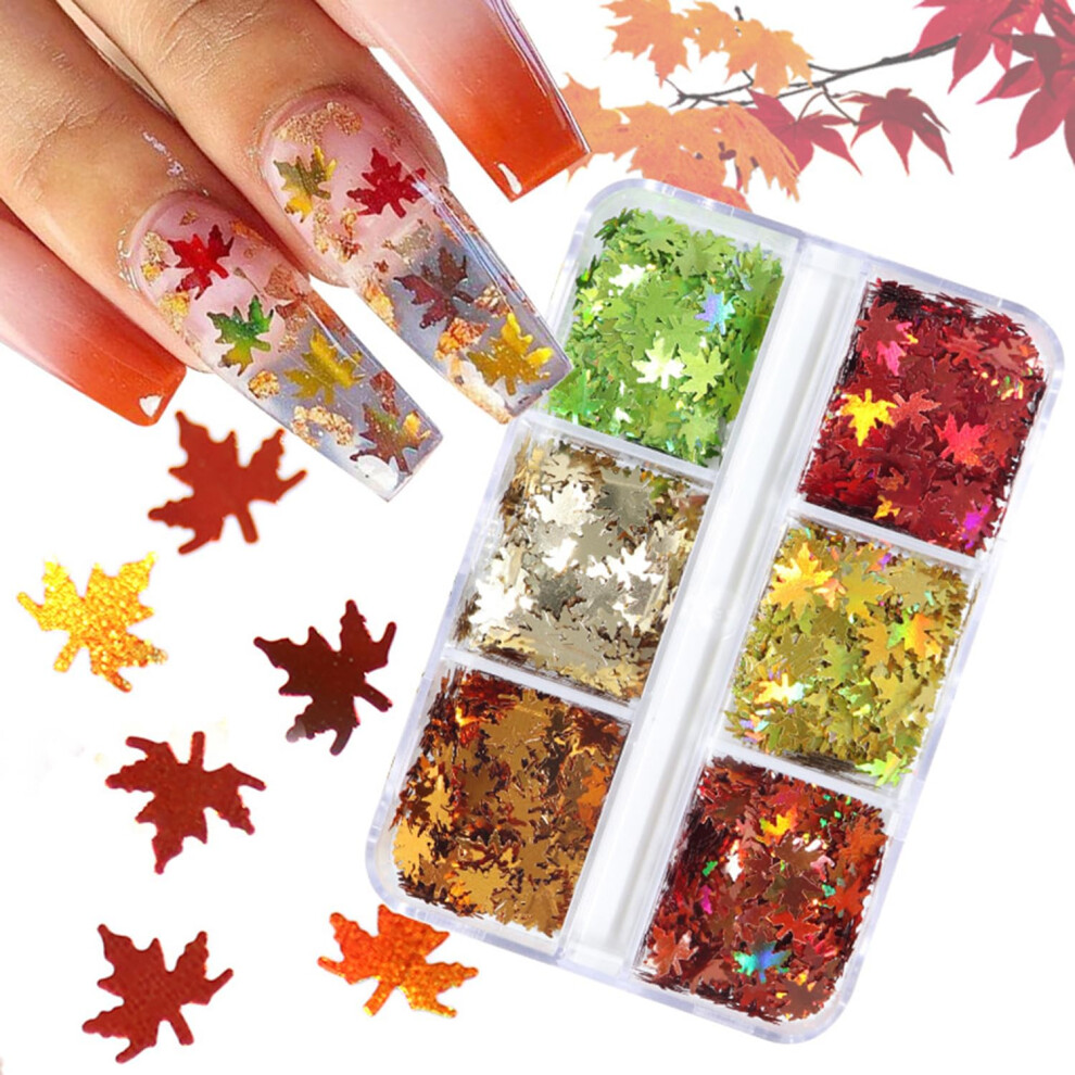 Maple Leaf Nail Art Glitter Sequins 6 Grids Autumn Decorations for Women DIY Fall Manicure