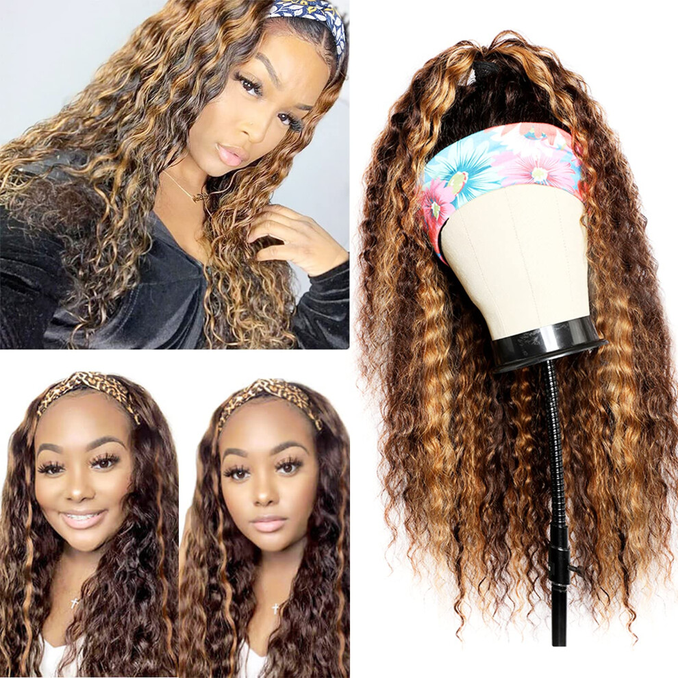 Brazilian Virgin Water Wave Headband Wig Human Hair P4/27 Highlight for Black Women 22Inch Wet and Wavy