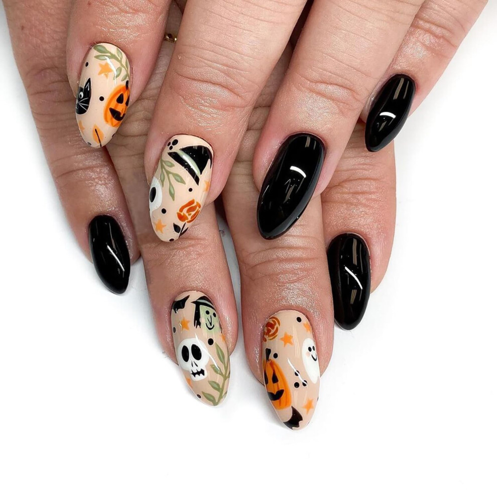 Black Halloween Press On Nails Medium Almond Shape Ghost And Skull Design And Apricot False Nails 24Pcs