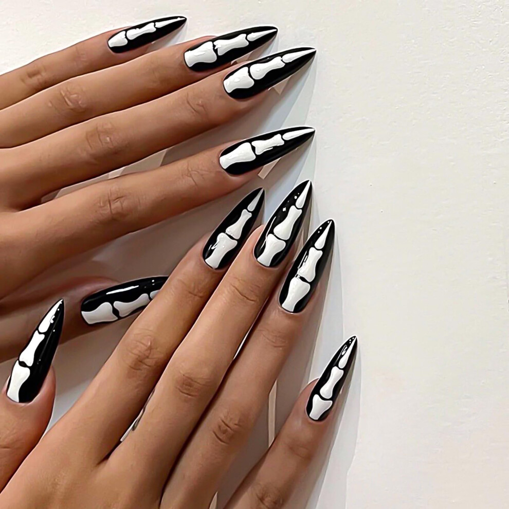 Black Halloween Press On Nails Almond Stiletto Gothic Bone Design Reusable Acrylic False Nails 24 Pcs