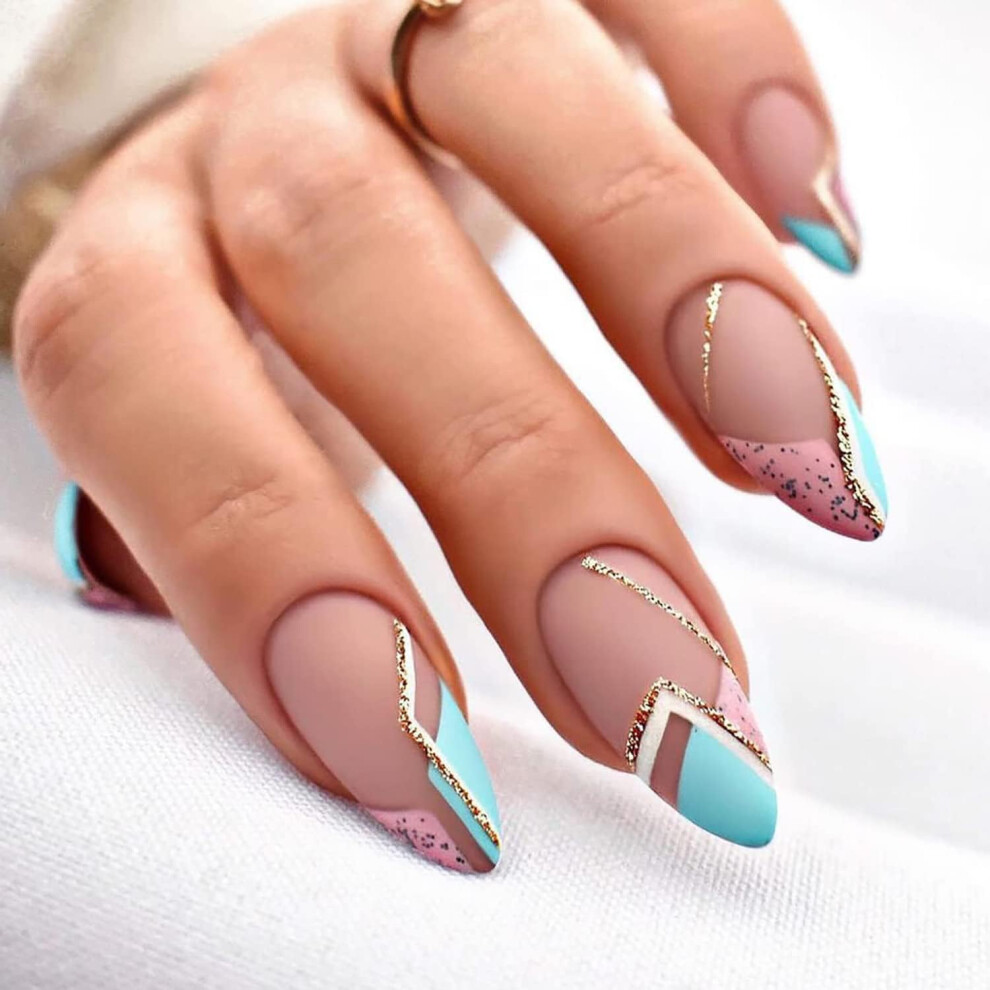 Gold 24Pcs Almond Shaped Press On Nails With Line, Glossy Acrylic False Nails For Women