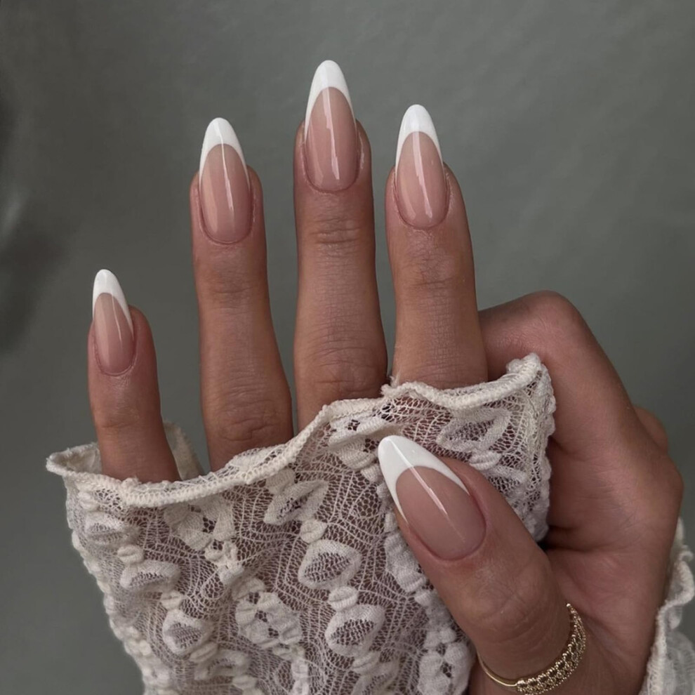Cream Medium Almond French Tip Press On Nails, 24Pcs Glossy Nude Reusable Fake Nails With Glue And File
