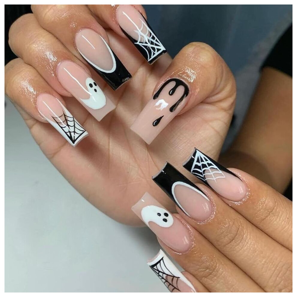 Black Halloween Press On Coffin Nails Spider Web Ghost Design Medium Length 24Pcs