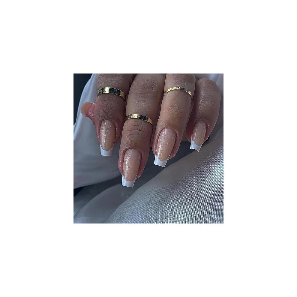 Long Coffin Press on Nails Aurora French Tips Glitter Ballerina Acrylic False Nail Set 24pcs