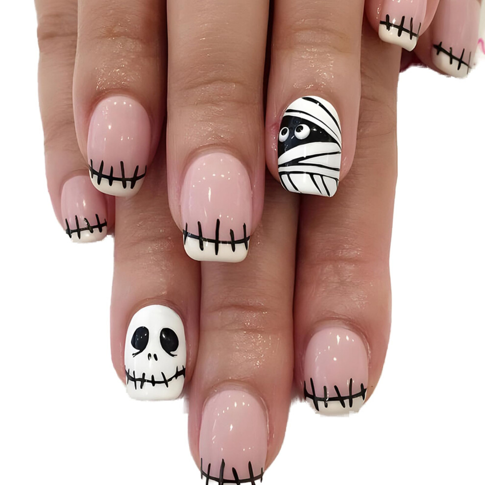 Halloween Press On Nails Set with Skull Designs, Short Square Fake Nails 24pcs, Reusable Acrylic
