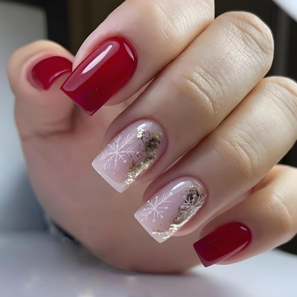 24 Pcs Short Square Red Glitter Press on Nails Snowflake Design Fake Nails for Women