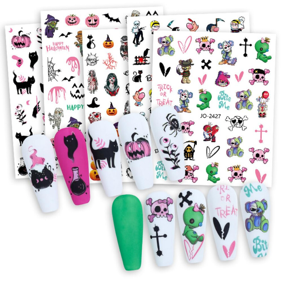 Pink/Black Halloween Nail Stickers 12 Sheets 3D Selfadhesive Skull Ghost Pumpkin Cat Witch Decor