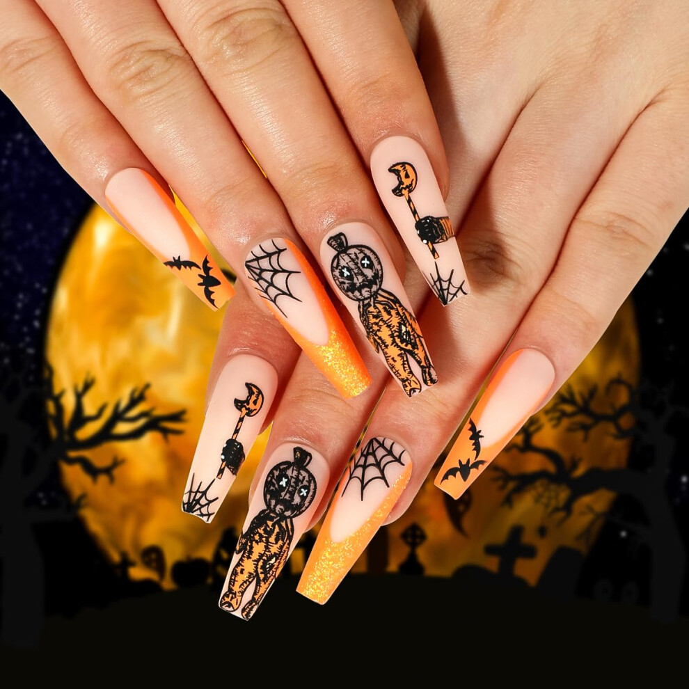 Halloween Coffin Press On Nails Set with Bat Spider Web Pumpkin Ghost Designs, Long Acrylic False Nails 24 Pcs