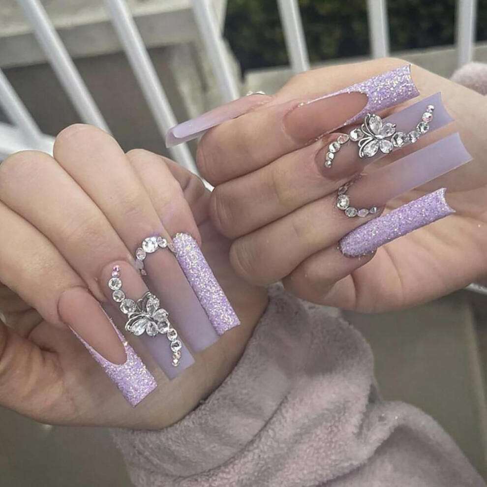24Pcs Long Coffin Press On Nails French Tip with Butterfly Glitter Gradient and Rhinestone Accents