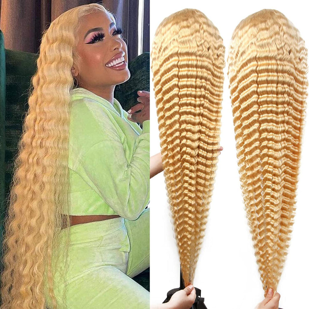Unisex 12 Inch 613 Blonde Lace Front Wig Human Hair Deep Wave 13X4 Frontal Pre Plucked Bleached Knots 150% Density