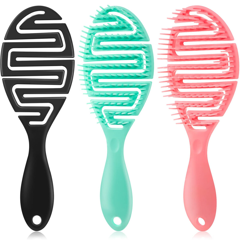 3 Pack Curved Vented Detangling Brush Set for Wet and Long Hair, Fast Blowdrying, Gentle Bristles