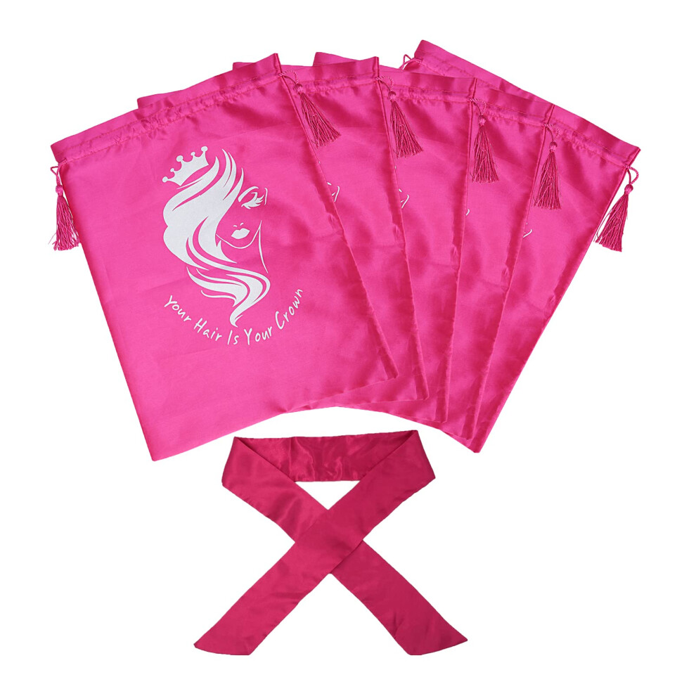 Unisex Red 5Pcs Satin Wig Storage Bags With Drawstring And Edge Headband Scarf Rose