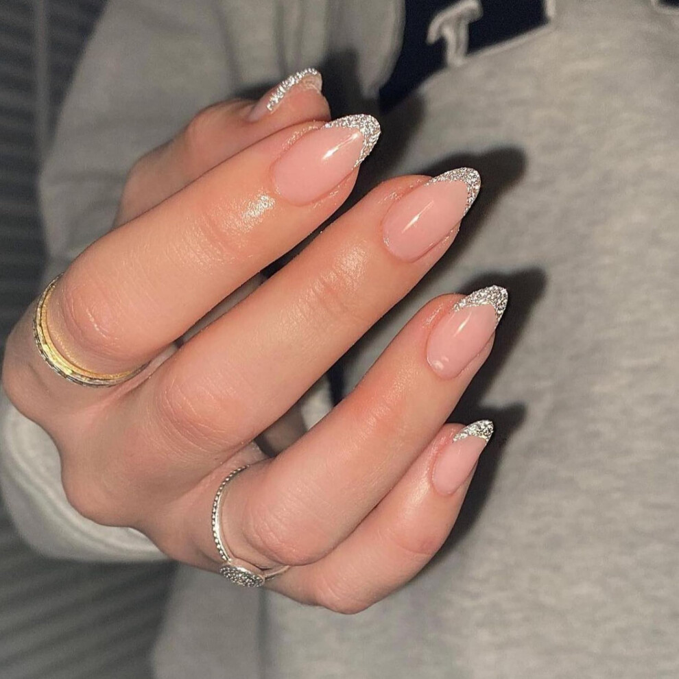 Cream Short Oval Press On Nails Nude Glitter Acrylic Fake Nails Salonstyle Manicure 24Pcs