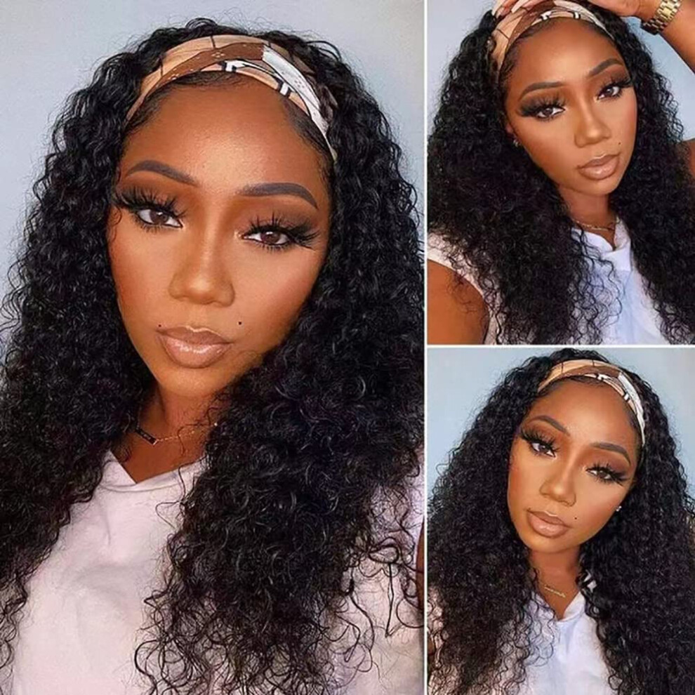 Unisex Black 26 Inch Deep Wave Headband Wig Human Hair For Women Glueless Brazilian Virgin Hair