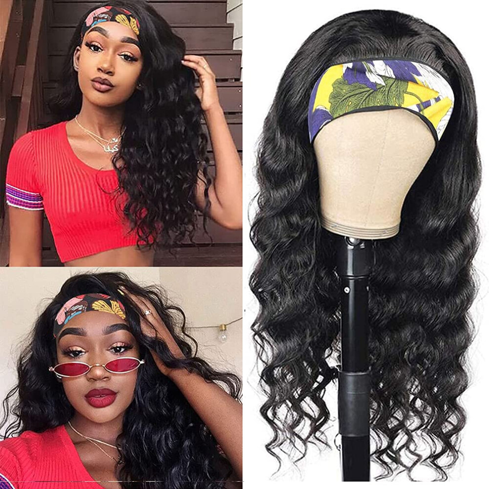 Unisex Black Water Wave Headband Wig 22Inch Brazilian Virgin Human Hair Glueless Hook And Loop Preplucked Natural Hairline 180% Density For Women