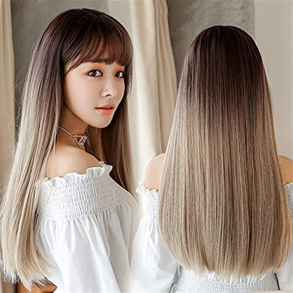 Unisex Pink,Black Long Synthetic Wig 26 Inch Ombre Black Blonde Pink Straight With Bangs Cosplay Wig For Women