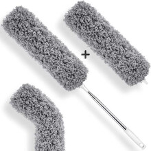 Telescopic duster - Set of 2 microfiber tips - Long extendable stainless steel duster - Washable duster for cleaning windows, radiators,