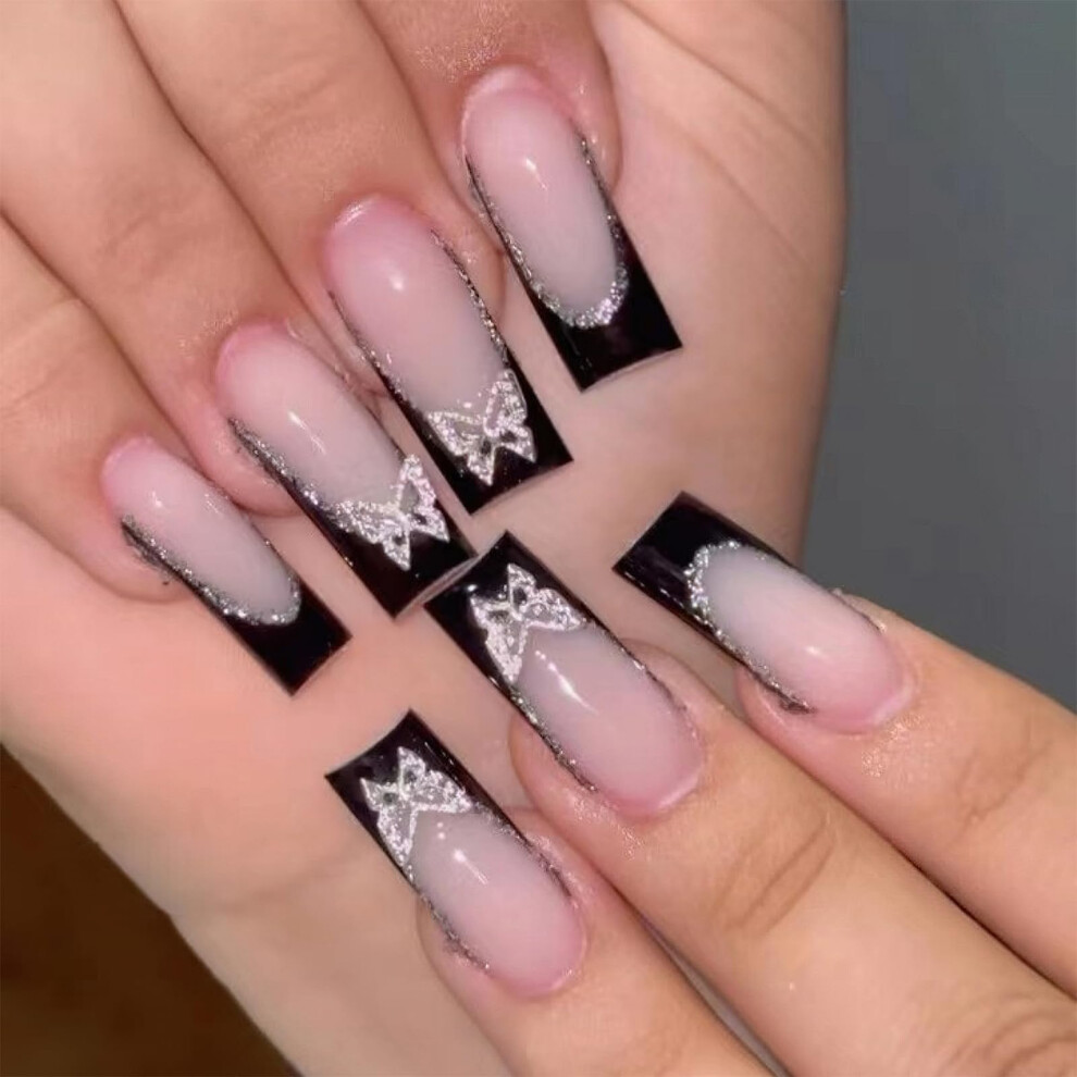 Black French Tip Press On Nails Coffin Fake Nails With Rhinestones 3D Butterfly Charms Reusable