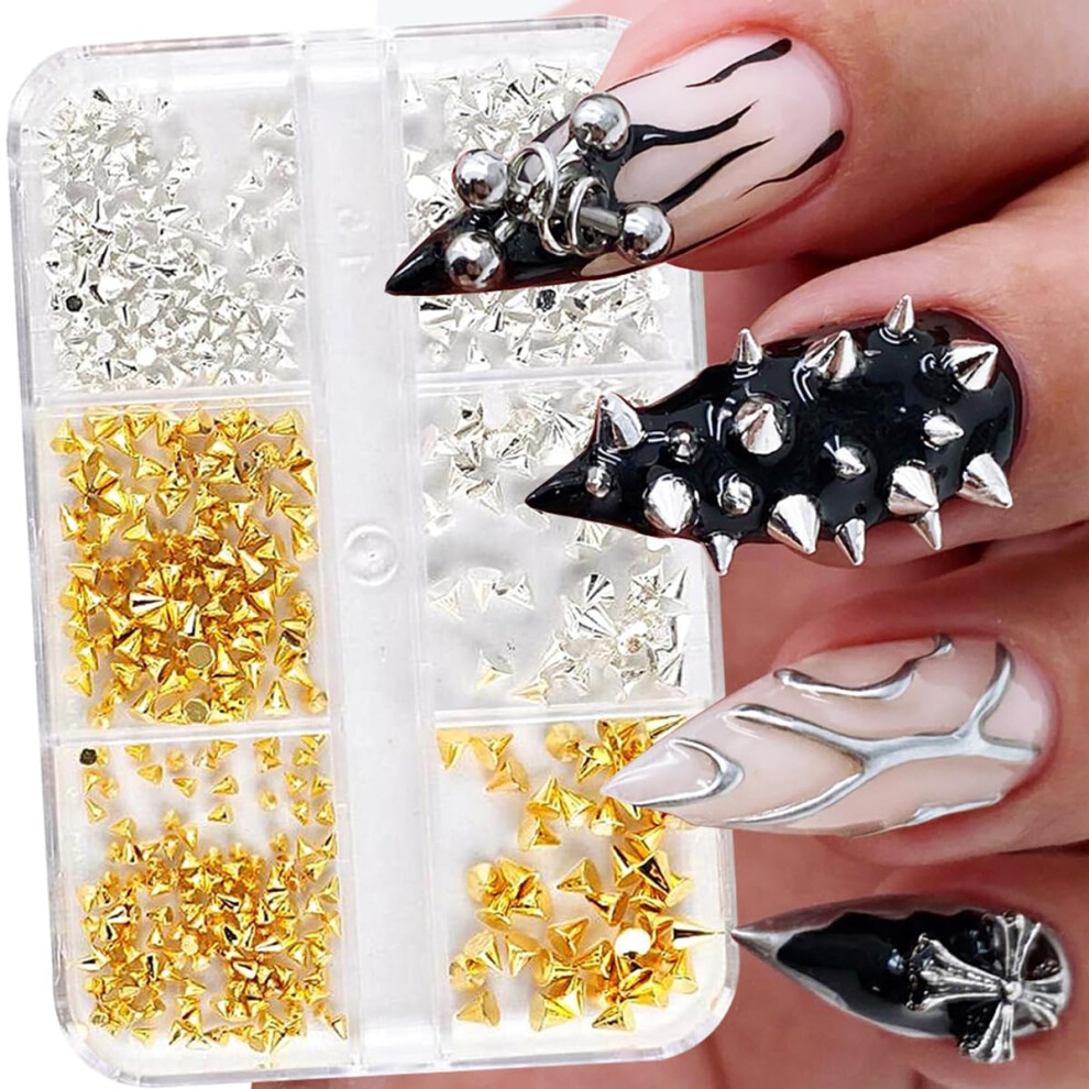 Nail Art Studs Gold and Silver Cone Punk Rivet 3D Alloy Spike Charms with 6Compartment Storage