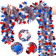 Guirnalda de oropel patriótica del 4 de julio, paquete de 2, 3,96 m (13 pies), roja, blanca y azul con purpurina de estrellas para decoración de